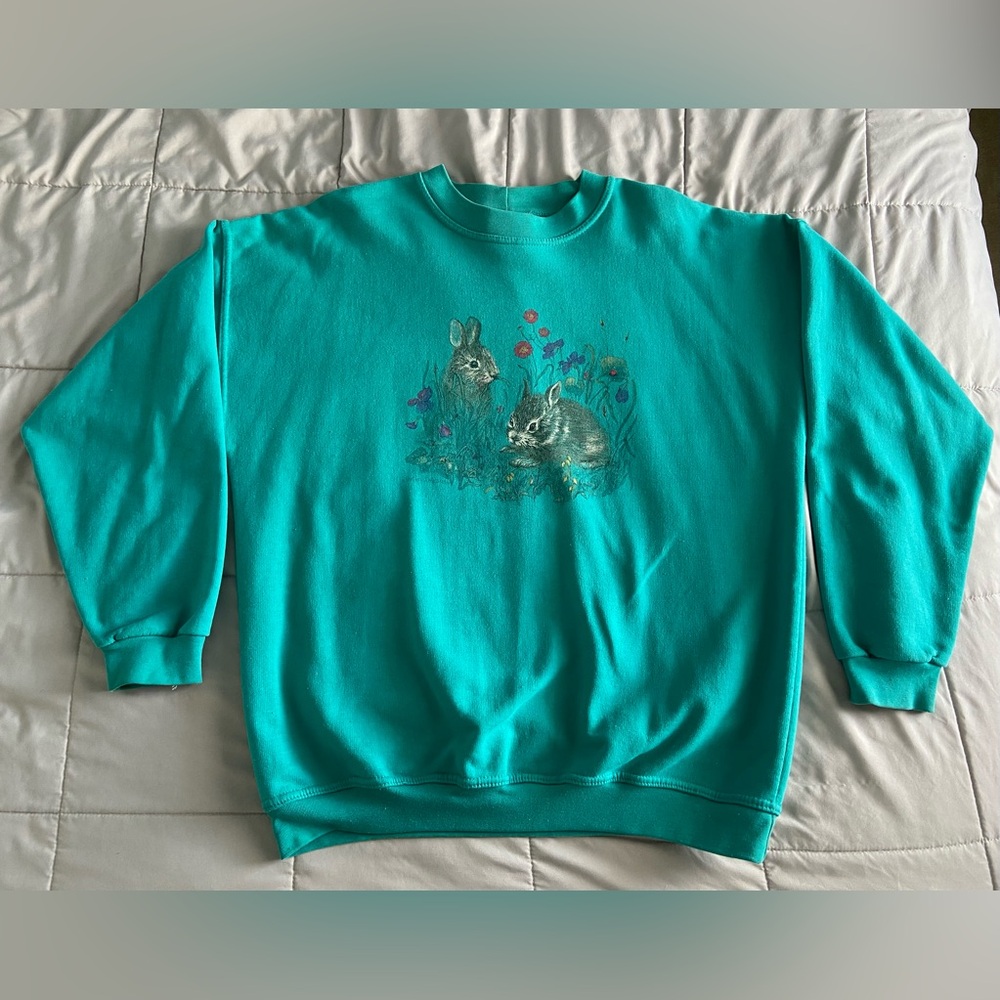 Northern Reflections XL Teal Bunny Rabbits Flowers Crewneck Jumper Pullover